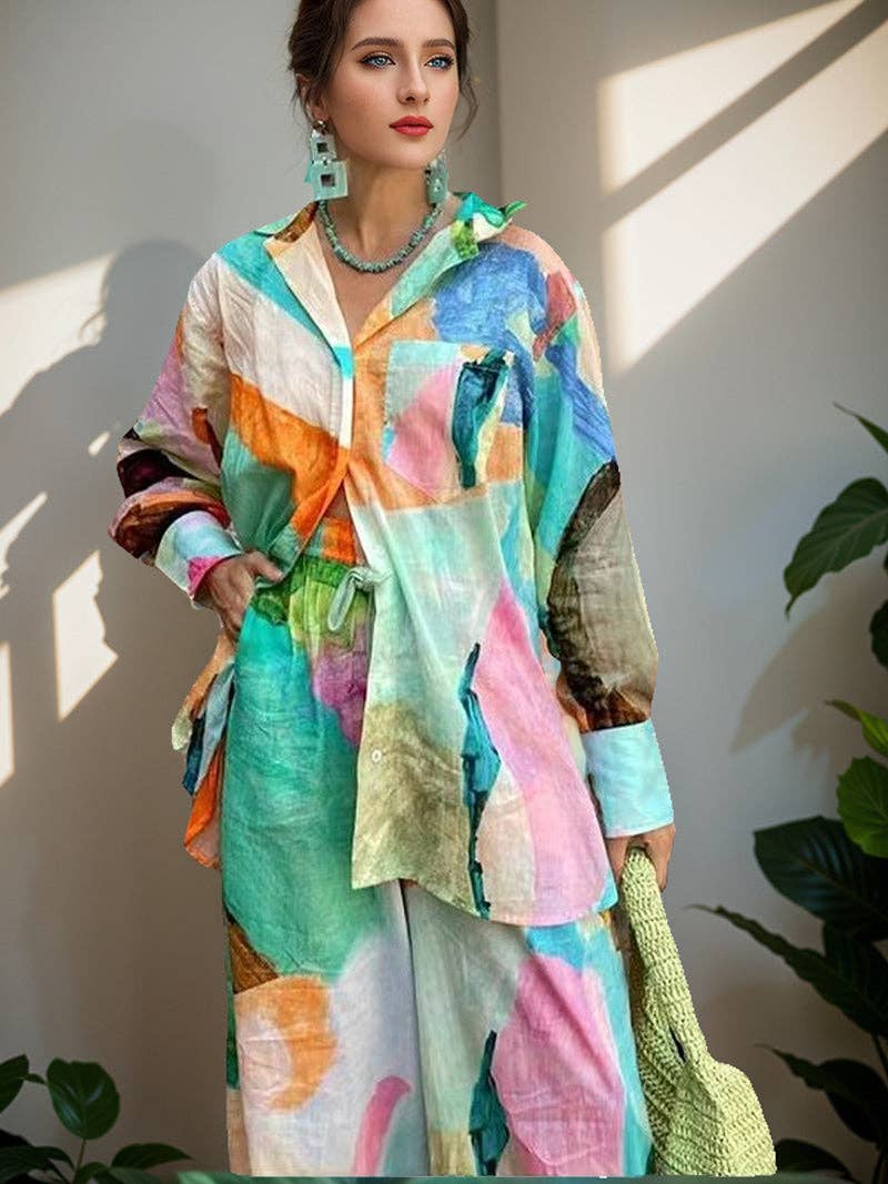 MULTI Graphic Shirt and Wide-Leg Pants Set for wholesale on Faire0