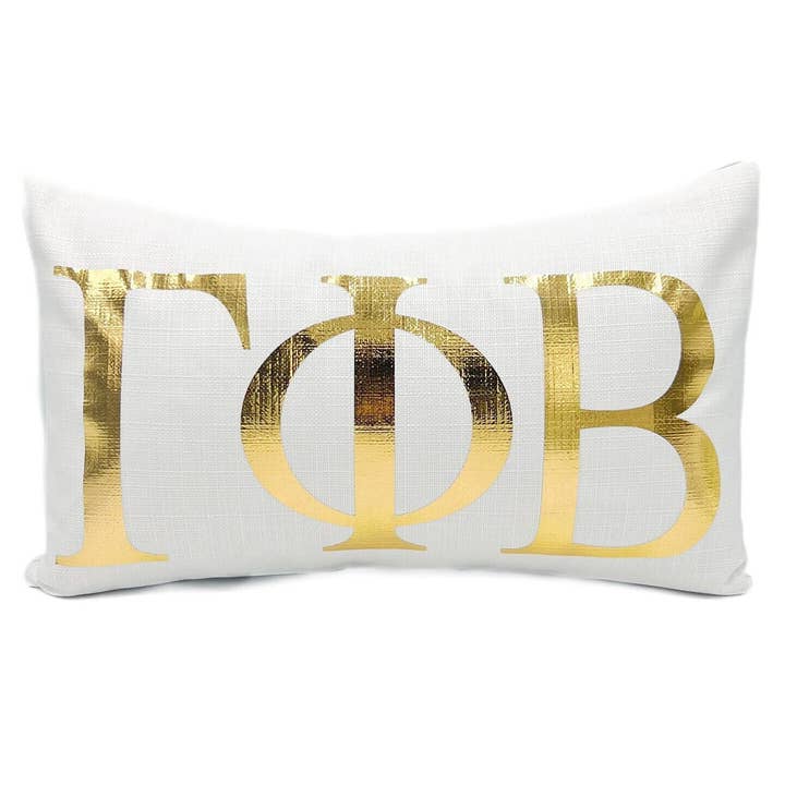 Gamma Phi Beta Gold Foil Greek Letters Sorority Pillow for wholesale by Rachel Brooks Design, LLC