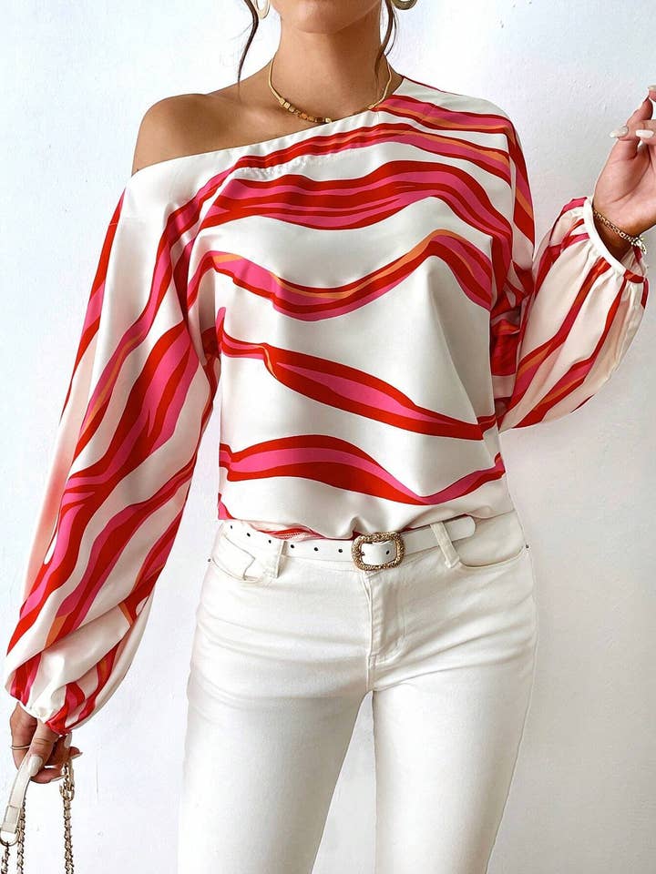 HIDDENBRAND - Wholesale Blouse - Women's - Style off-the-shoulder print loose top with a line neck