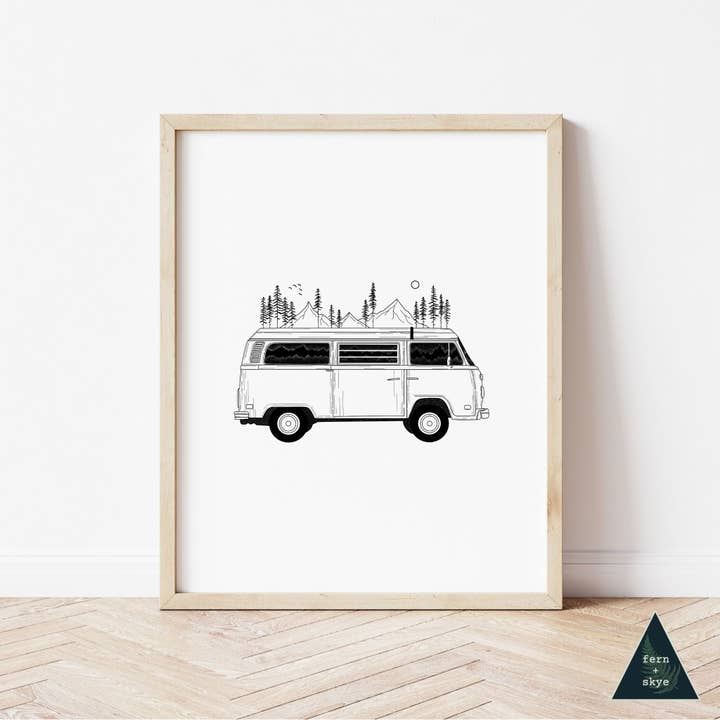 Camper Van Forest Mountain Art Print for wholesale by Fern and Skye