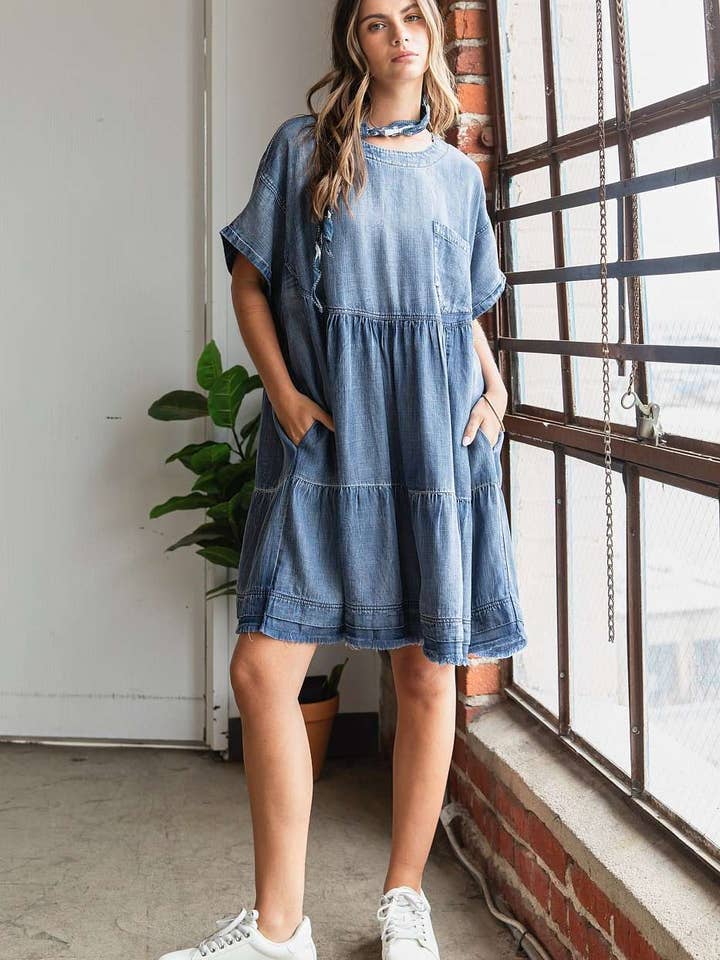 WASHED CHAMBRAY DENIM OVERSIZED TIER MINI DRESS for wholesale on Faire