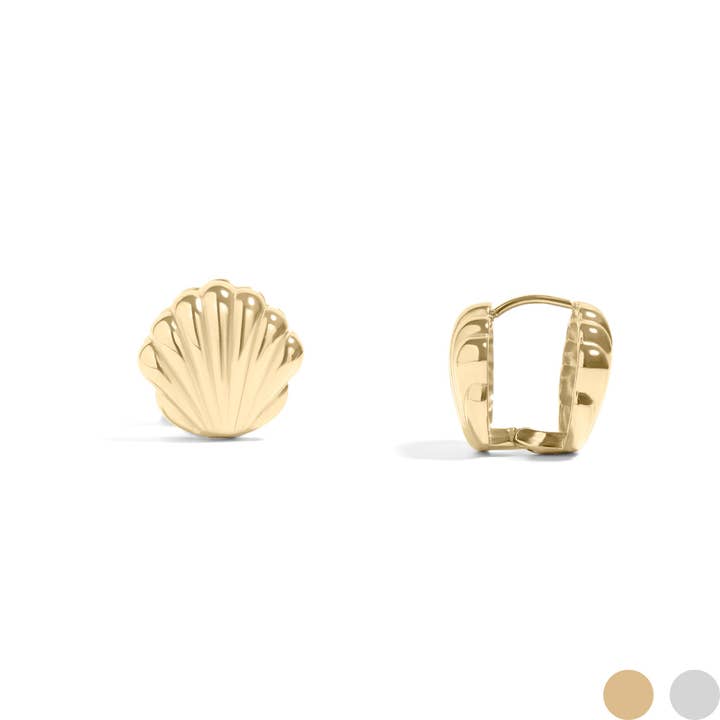 WJW - Wholesale Huggie Earrings - 18K Gold PVD Stainless Steel Shell Huggie Earrings