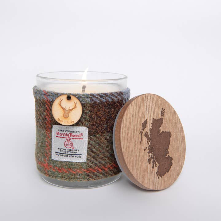 Whisky Candle with Harris Tweed Sleeve for wholesale by Created By The Ridleys
