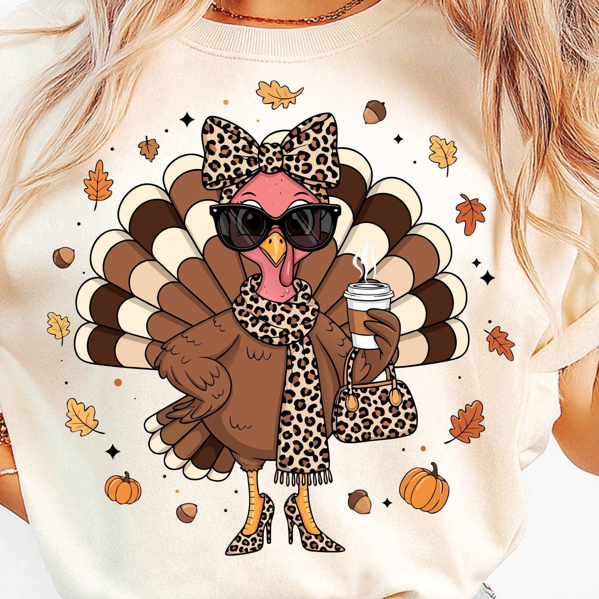 NVC Ecommerce LLC - Vendita all'ingrosso Maglietta stampata - Donna - Maglietta Divertente Tacchino Boujee, Felpa Leopardata del Ringraziamento0