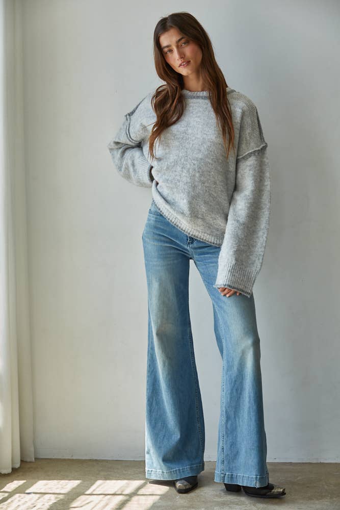 Heather Grey W2141 | Knit Sweater Crew Neck Pullover Top With Rolled Edge for wholesale on Faire1