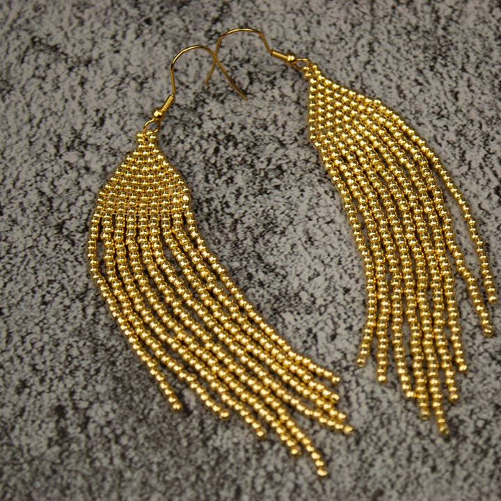 Golden Earrings Dangle Evening Earrings Golden Tassels Chic Earrings Drop Sparkling Seed Bead Earrings Stainless Steel for wholesale by Ninolia