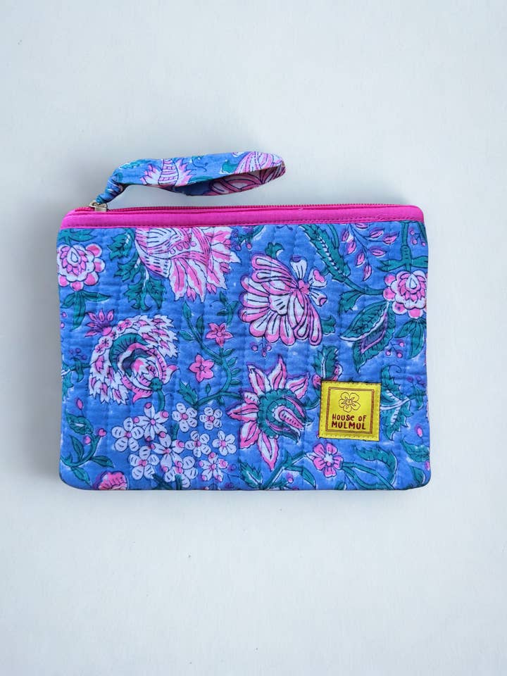 Block print Flat zip pouch - Quilted travel pouch - Passport pouch - Blue Lotus for wholesale by House of Mulmul LLC