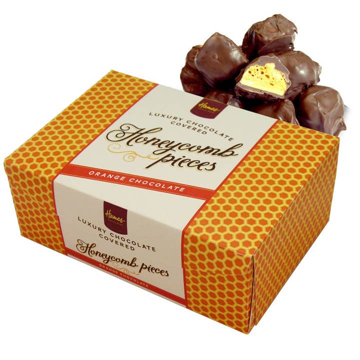 UK ONLY. Milk Chocolate with Orange Covered Honeycomb for wholesale by Hames Chocolates