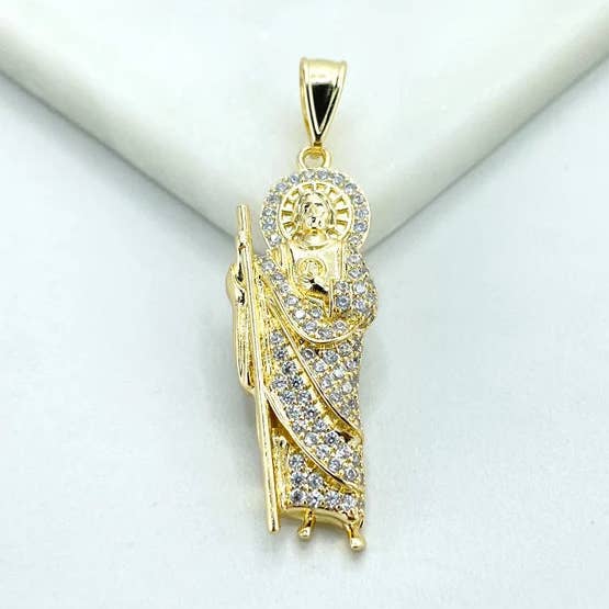 18k Gold Filled Clear Cubic Zirconia St Jude Pendant, San Judas Tadeo Charm, Patron Saint of Hopeless Causes, Wholesale for wholesale by Luxus Accessories