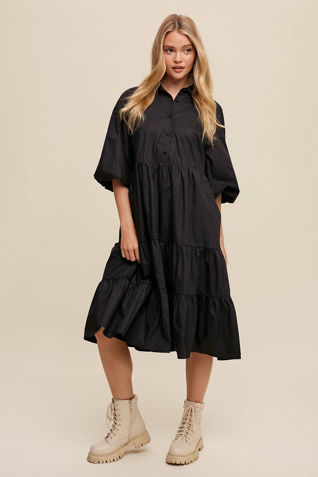 Listicle - Wholesale Dress - Women's - Tiered Poplin Shirt Dress2