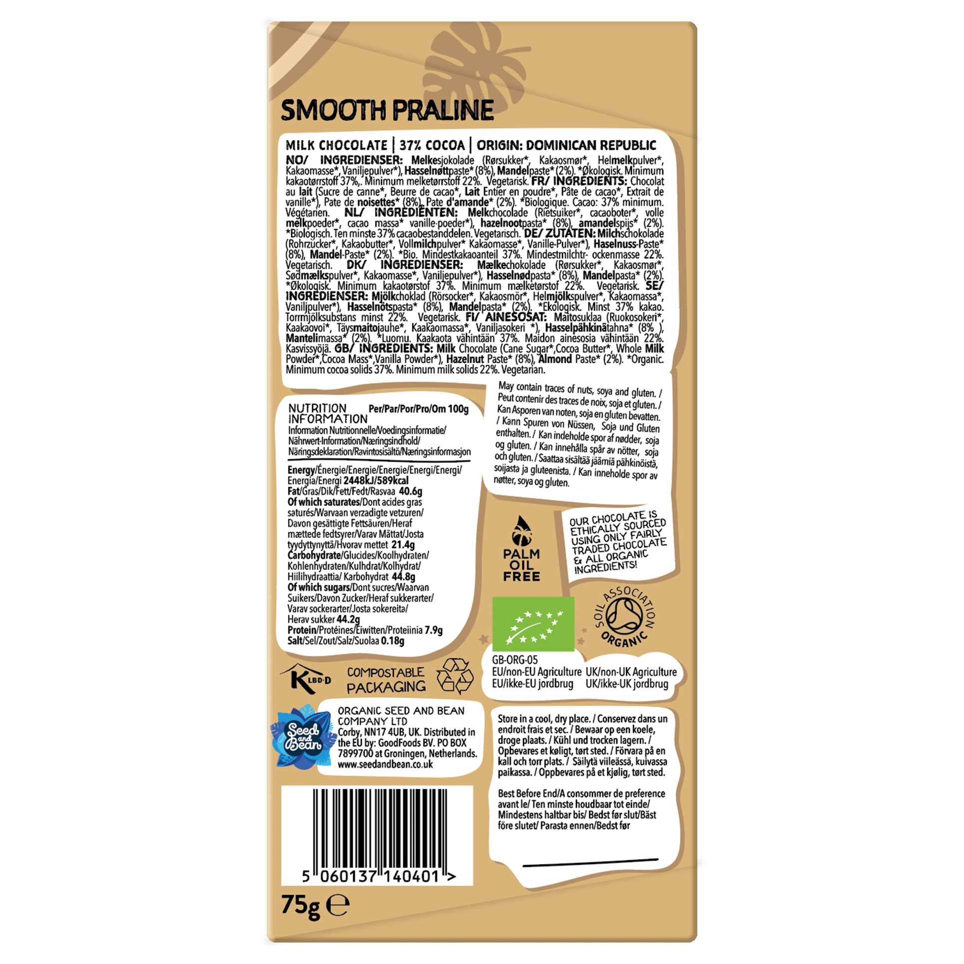 Seed & Bean  [No duties when shipping to US!] - Wholesale Chocolate Bar - SMOOTH PRALINE MILK CHOCOLATE 75G BAR (37% COCOA)1