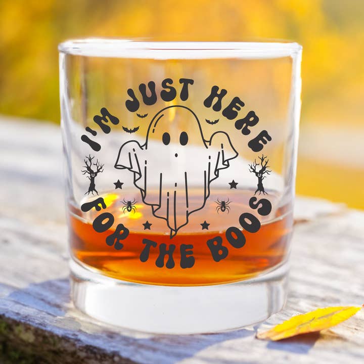 Halloween Whiskey Glass - Screen Printed - Here for Boos for wholesale by Blue Ridge Mountain Gifts