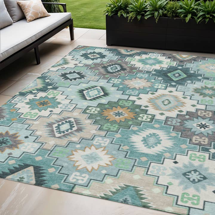 5' X 8' Teal Blue Beige And Ivory Southwestern Area Rug for wholesale by HomeRoots