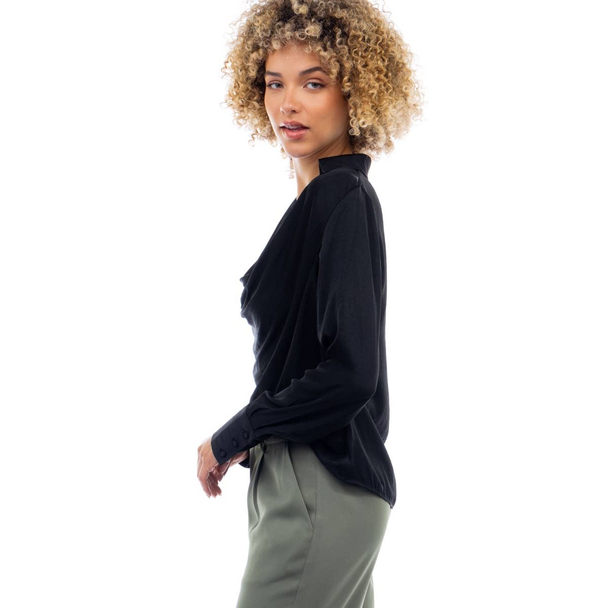 Naked Zebra - Wholesale Blouse - Women's - Draped Cowl Neck Blouse With Buttoned Cuffs17