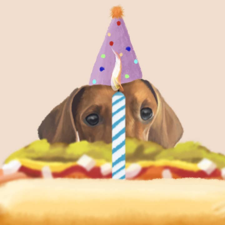 Pawssionate Art - Wholesale Birthday card - Mini Dachshund Birthday Card - Hot Dog Cake 1