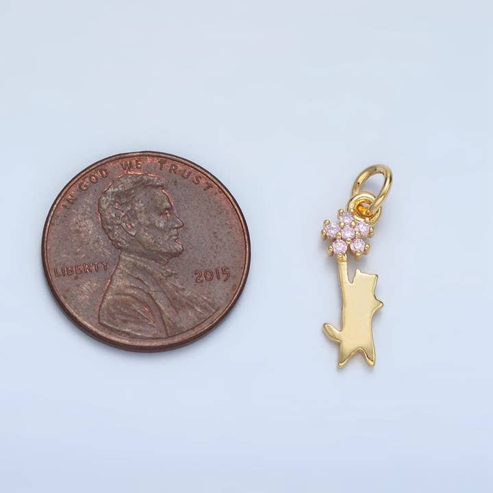 Aim Eternal - Wholesale Individual Charm/Pendant - 24K Gold Filled Kitten Cat Reach Pink Flower CZ Charm | X2971