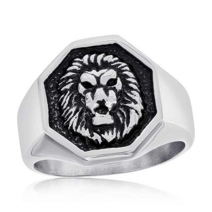 Bague hexagonale en forme de lion oxydé en acier inoxydable pour la vente par Metallo