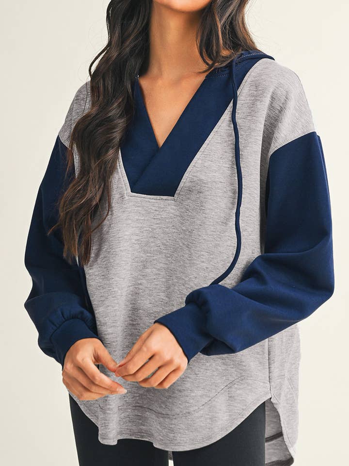 LDC Color Block Patchwork V Neck Drawstring Hoodie for wholesale by Little Daisy Closet