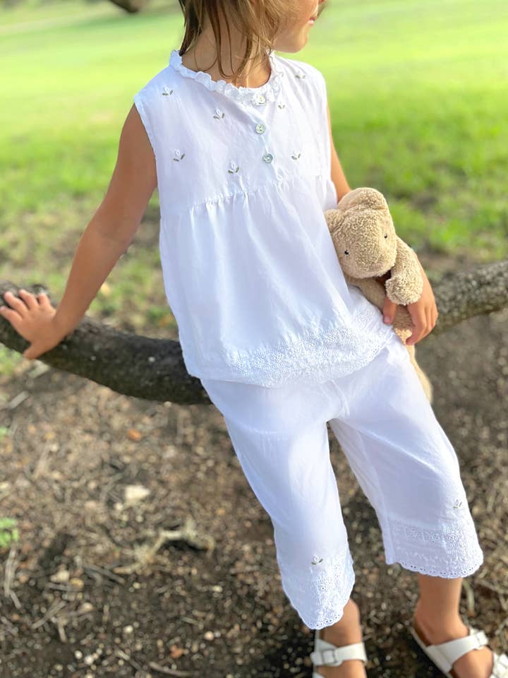 Rosie White Cotton Pant Set for Girls, Embroidered for wholesale by Jacaranda Living