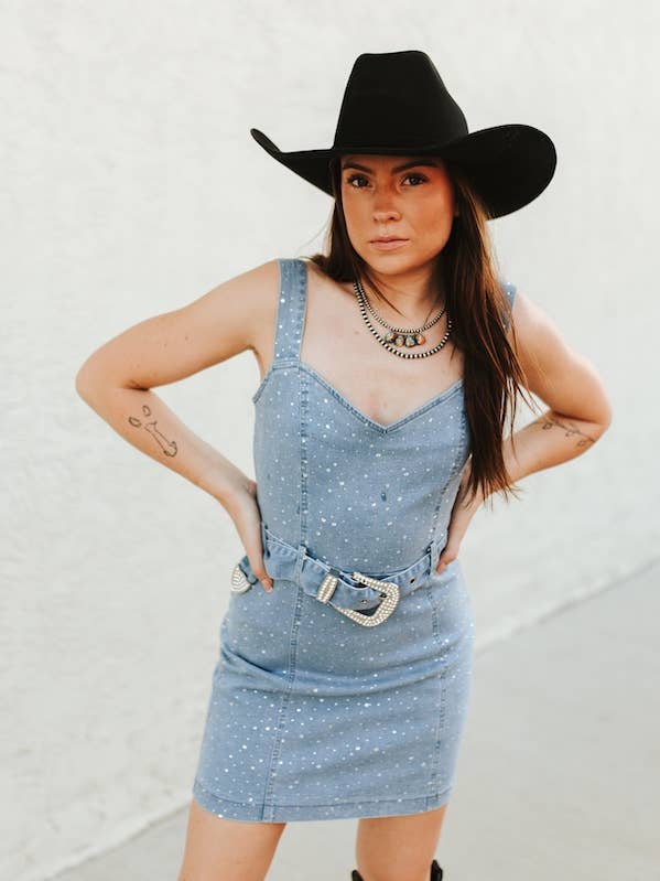Rhinestone Cowgirl Denim Mini Dress for wholesale by LUCKY & BLESSED