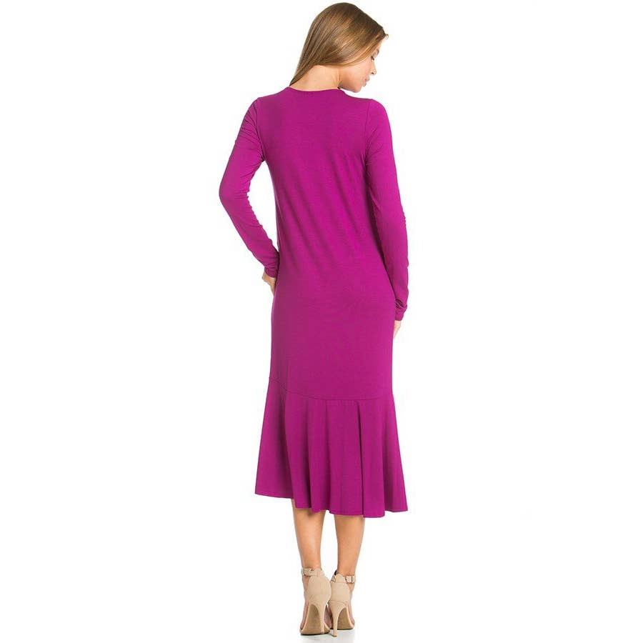Azules Clothing - Wholesale Dress - Women's - ADM-8258RS Ruffle Hem Long Sleeve Midi Dress6