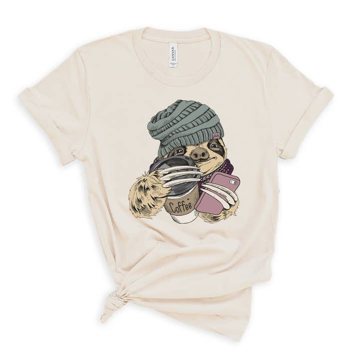 Coffee Sloth Graphic T Shirt - funny tee for wholesale by This Joyful Home