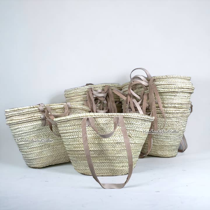 HandmadeBestSeller – wholesale Beach bag – French Market Basket With Leather Handles, Straw bag
