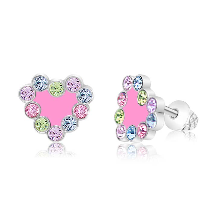 Emalje med multi farvede krystaller hjerte Screwback øreringe for engroshandel hos Chanteur