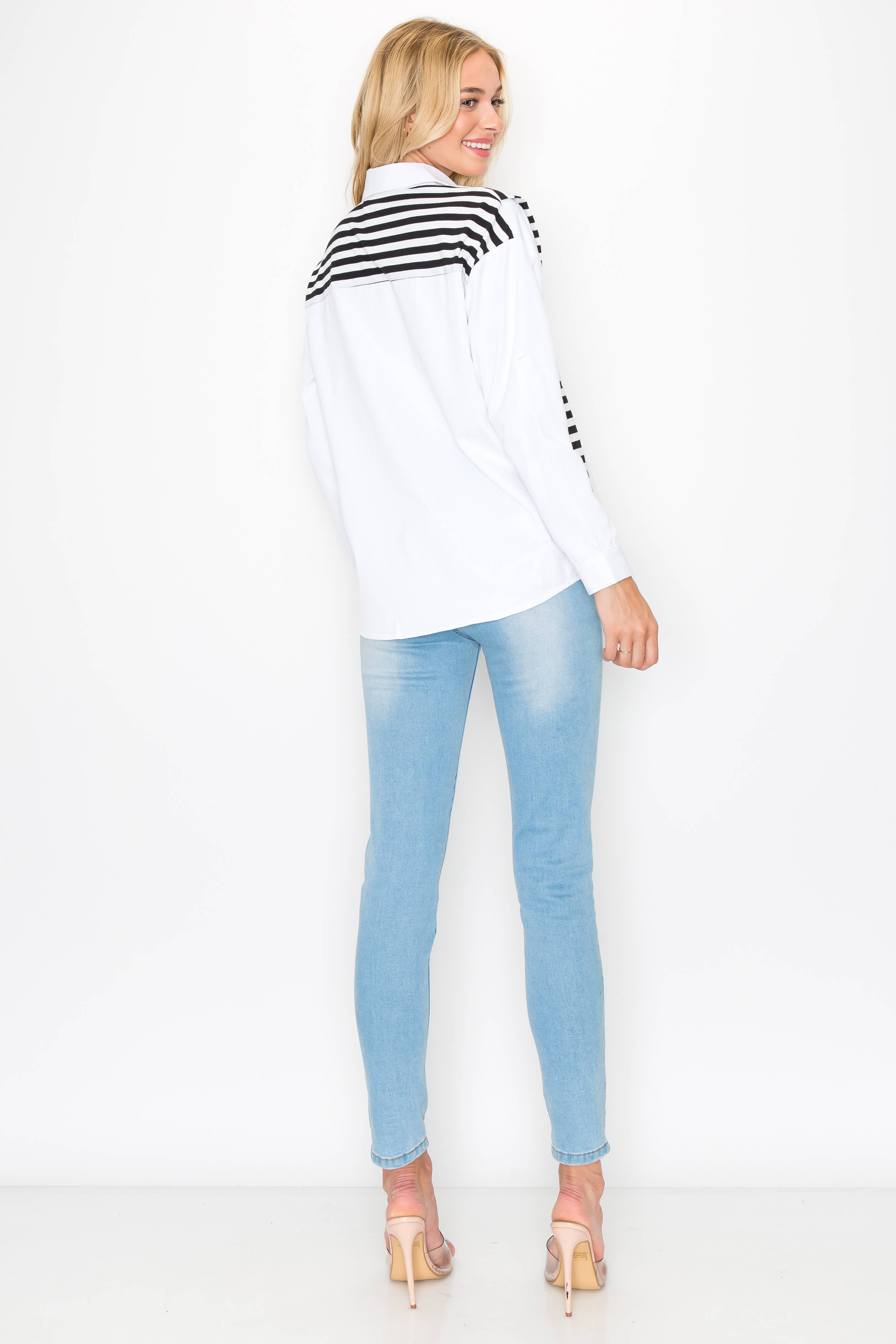 Joh Apparel - Wholesale Button Down Shirt - Women's - Willette Top with Stripe Front Ties3