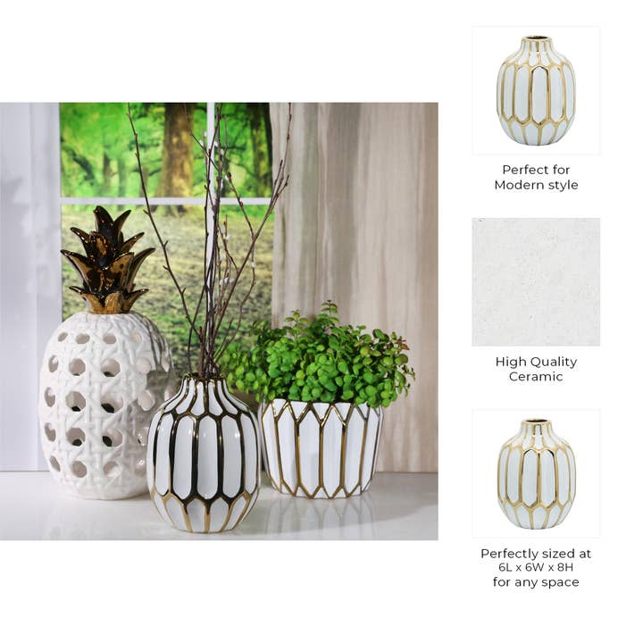 Sagebrook Home - Wholesale Vase - Ceramic Bud Modern Decorative Vase - White/Gold, 8 in.4