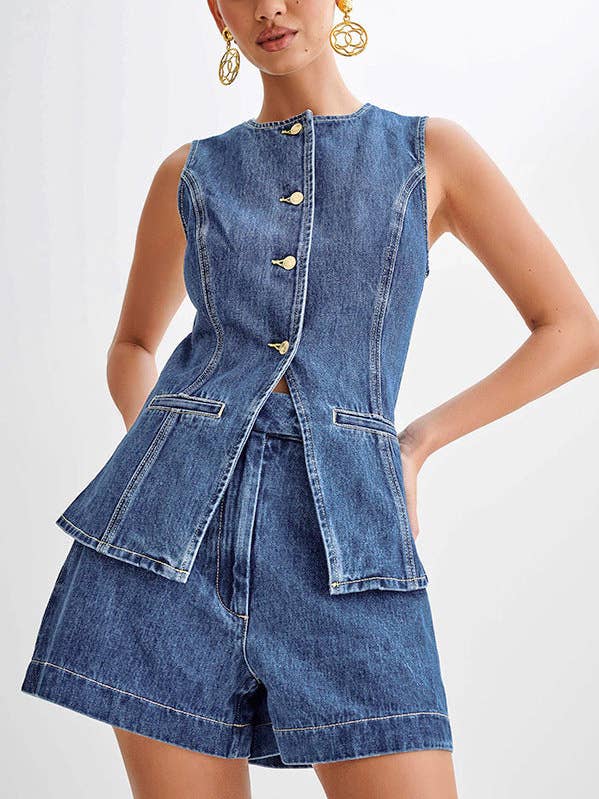 Sweetkama - Wholesale Top & Short Set (NOT Loungewear) - Women's - Ladies Denim Sleeveless Tank Top and Shorts Sets 16881