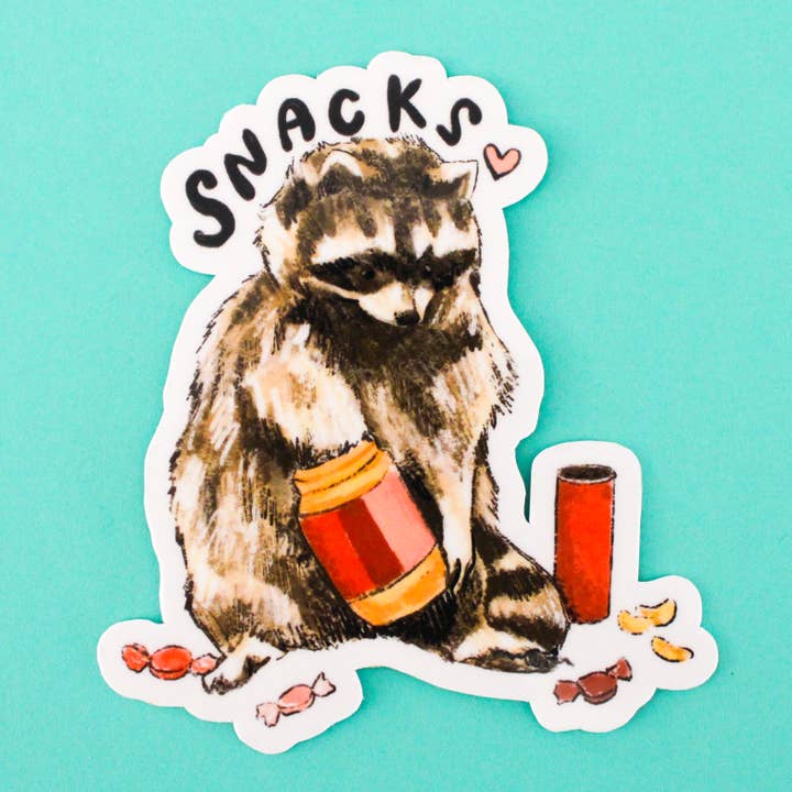 Raccoon Snacks Vinyl Sticker for wholesale by Amy Hartelust Art and Illustration