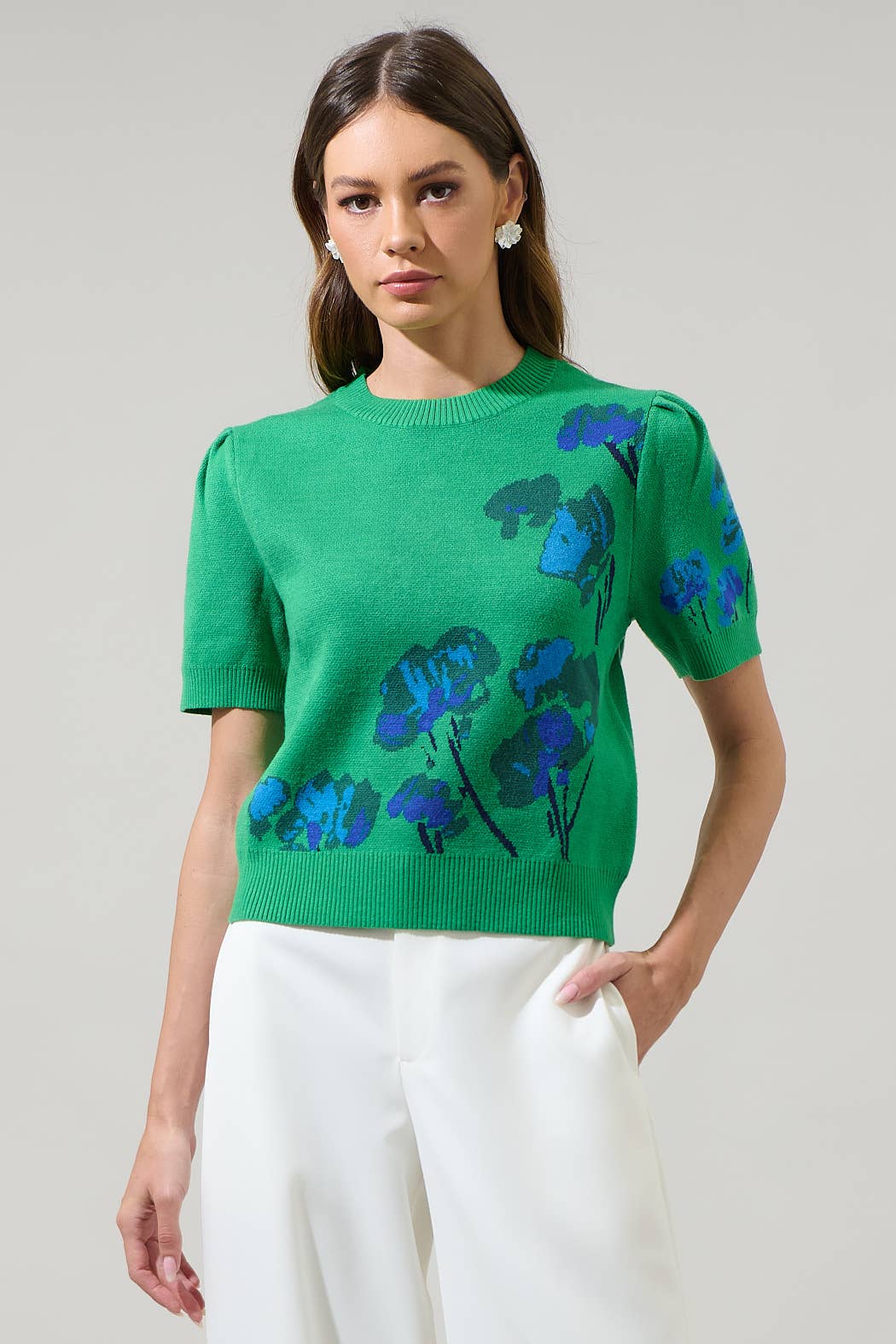 Kelly Green Kersey Floral Pleated Short Sleeve Sweater Top for wholesale on Faire0