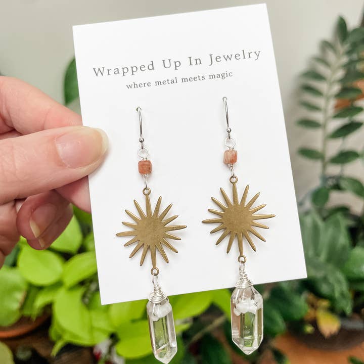 Mixed Metal Sun Burst Earrings – Quartz, Sunstone & Silver for wholesale by Wrapped Up In Jewelry