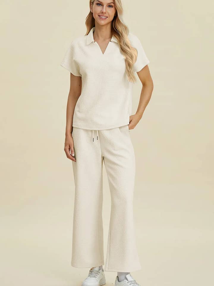 Double Take Full Size Collared Neck Short Sleeve Top and Pants Set for wholesale by Queenado