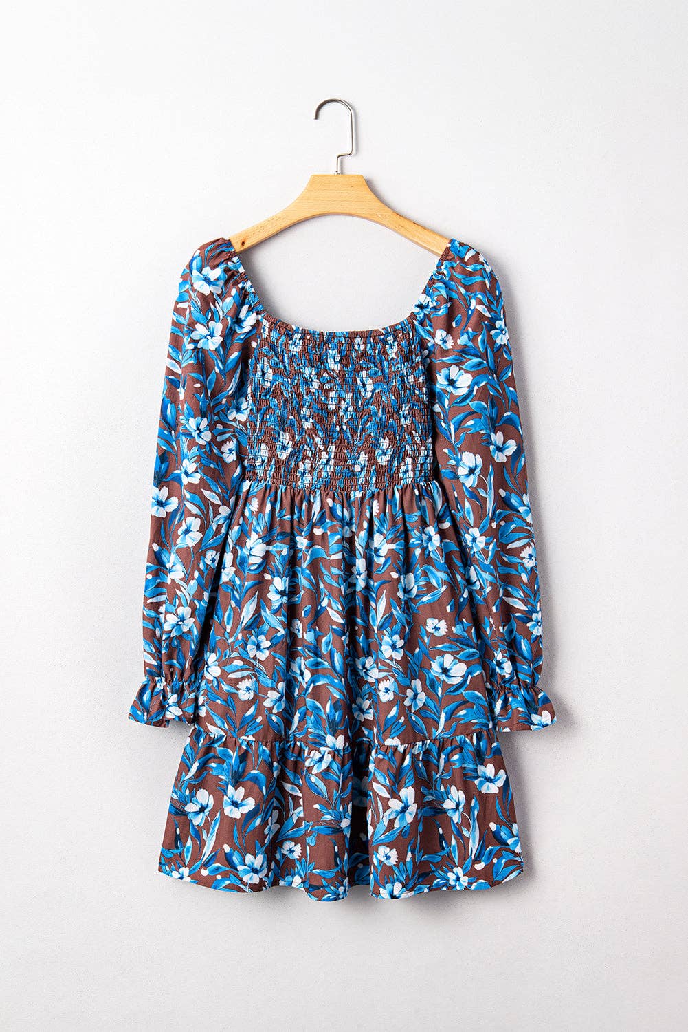 Blue Floral Smocked Bodice Ruffle Sleeve Dress for wholesale on Faire2
