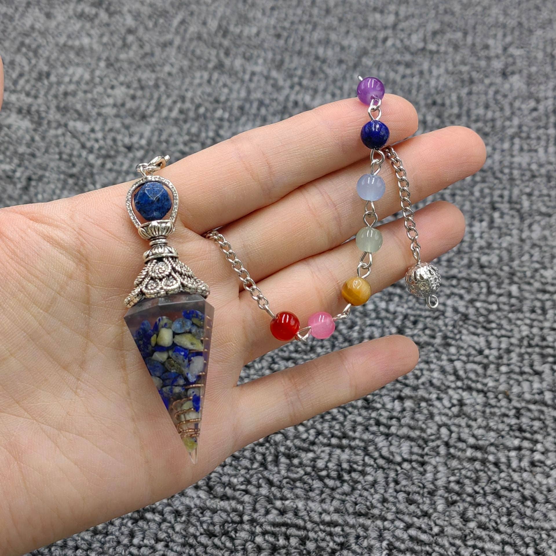 Mio Queena - Wholesale Spiritual Stone/Crystal - Hexagonal Cone Gravel Pendulum with Chakra Chain - CS30
