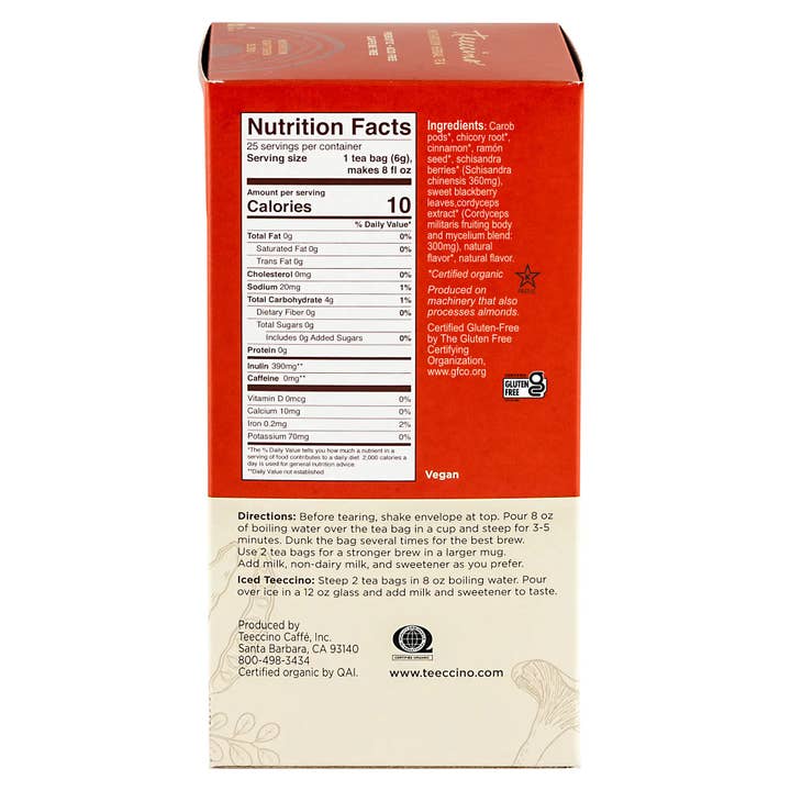 Teeccino - Wholesale Health/Detox Tea - Cordyceps Schisandra Cinnamon Berry Mushroom Herbal Tea