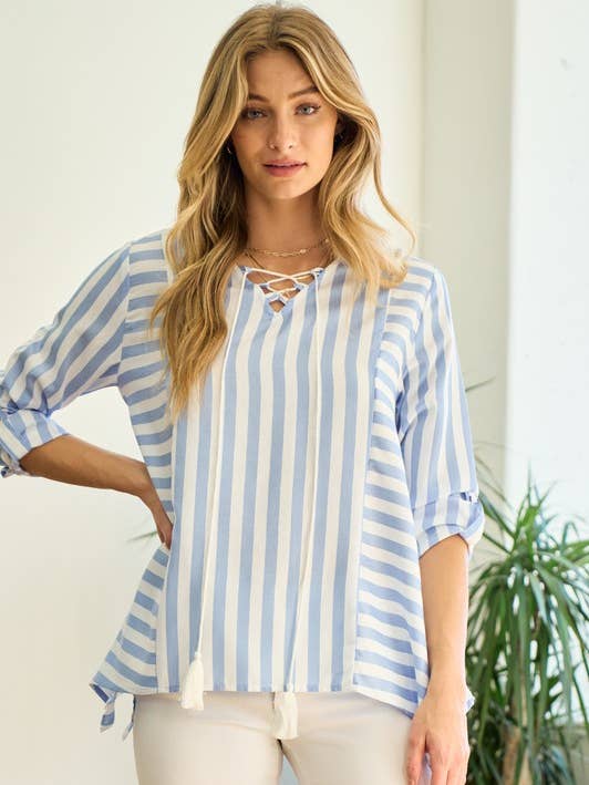 White Blue Shark Bite Stripe Blouse - 12099T for wholesale on Faire