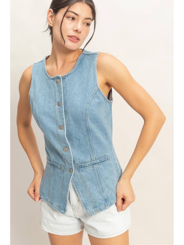 Button-Front Sleeveless Denim Vest for wholesale by HYFVE