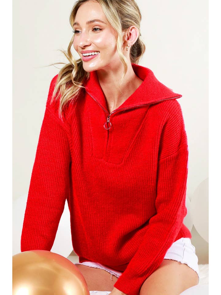 Vine & Love - Wholesale Knit Sweater - Women's - Collared Half Zip-Up Long-Sleeve Knitted Sweater Top VT60536