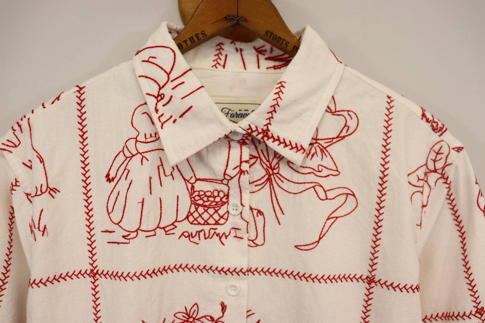 Farewell Frances – wholesale Tröja med knappar – Unisex – Redwork Broderad George Långärmad Skjorta SZ S - XXL GLS43