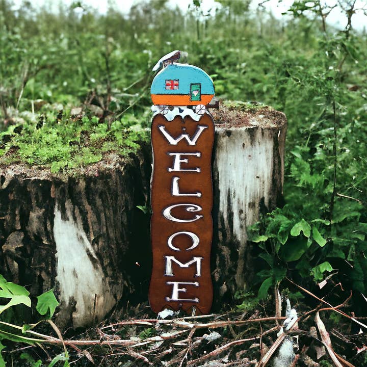 Camper Trailer Welcome Sign Garden Outdoor Rustic Metal for wholesale by Whimsies
