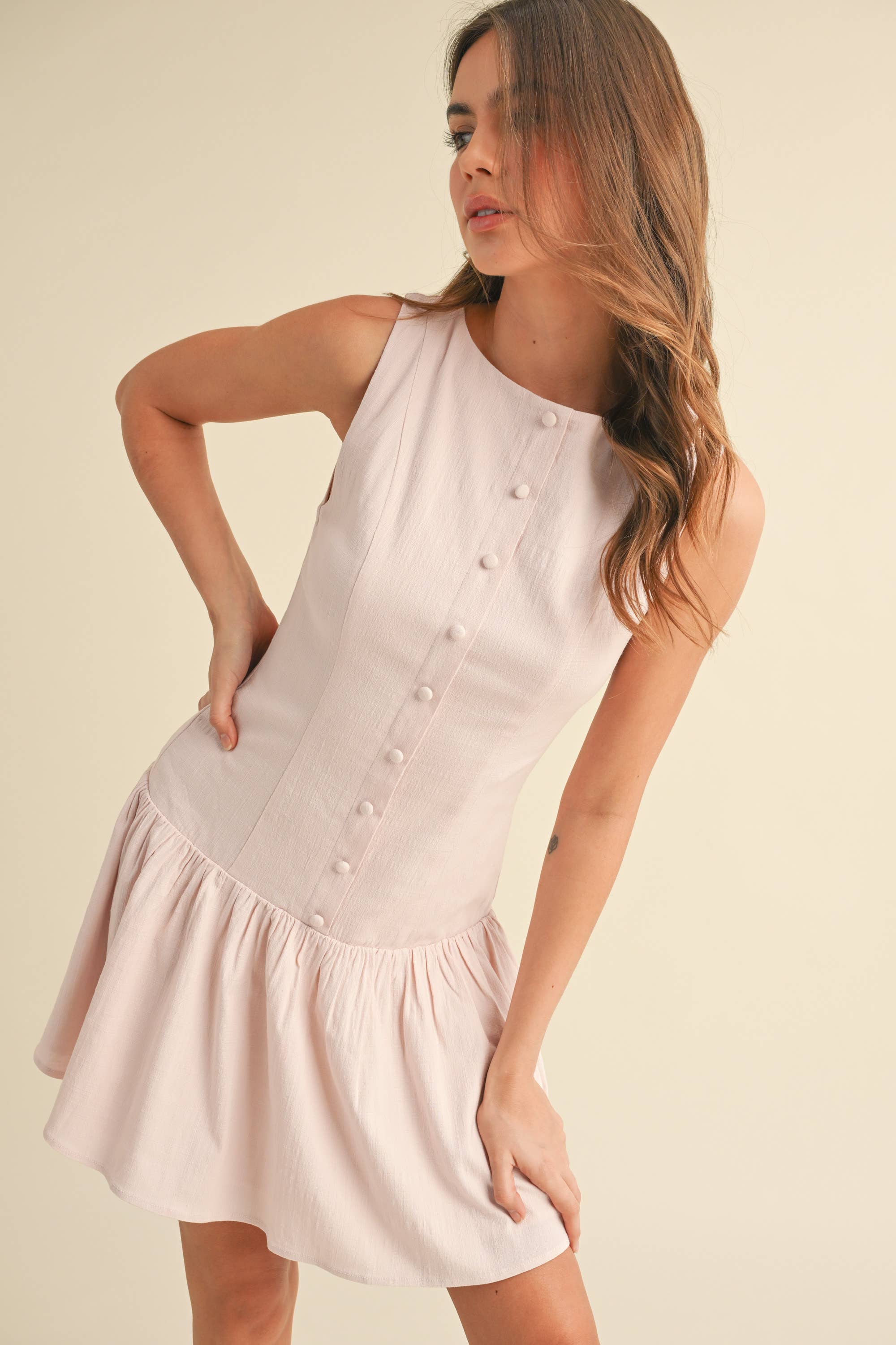 Klesis - Wholesale Dress - Women's - ID9089 STRETCHY LINEN SLEEVELESS DROP WAIST MINI DRESS 0