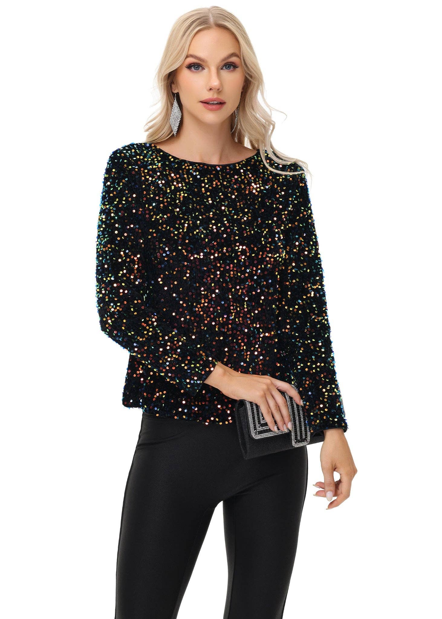 Anna Kaci Wholesale - Wholesale Blouse - Women's - Long Sleeve Sequin Tops Sparkly Glitter Evening Party33