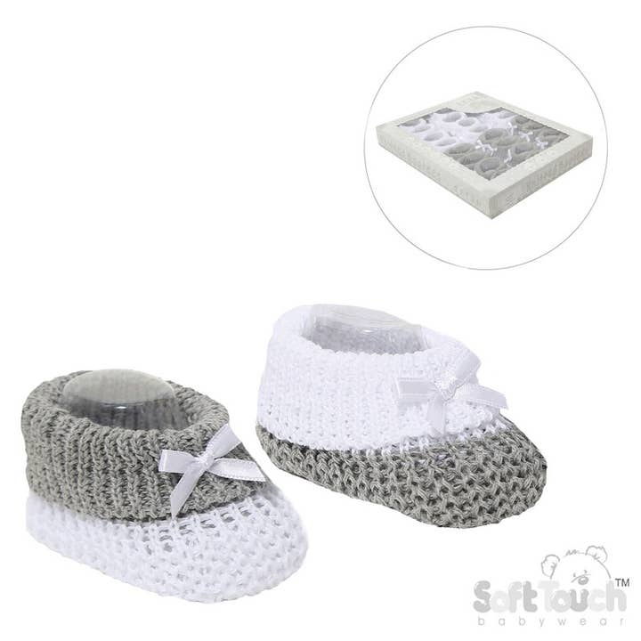 Chaussons pour bébé : coton avec nœud en blanc/gris - S433 pour la vente par Soft Touch