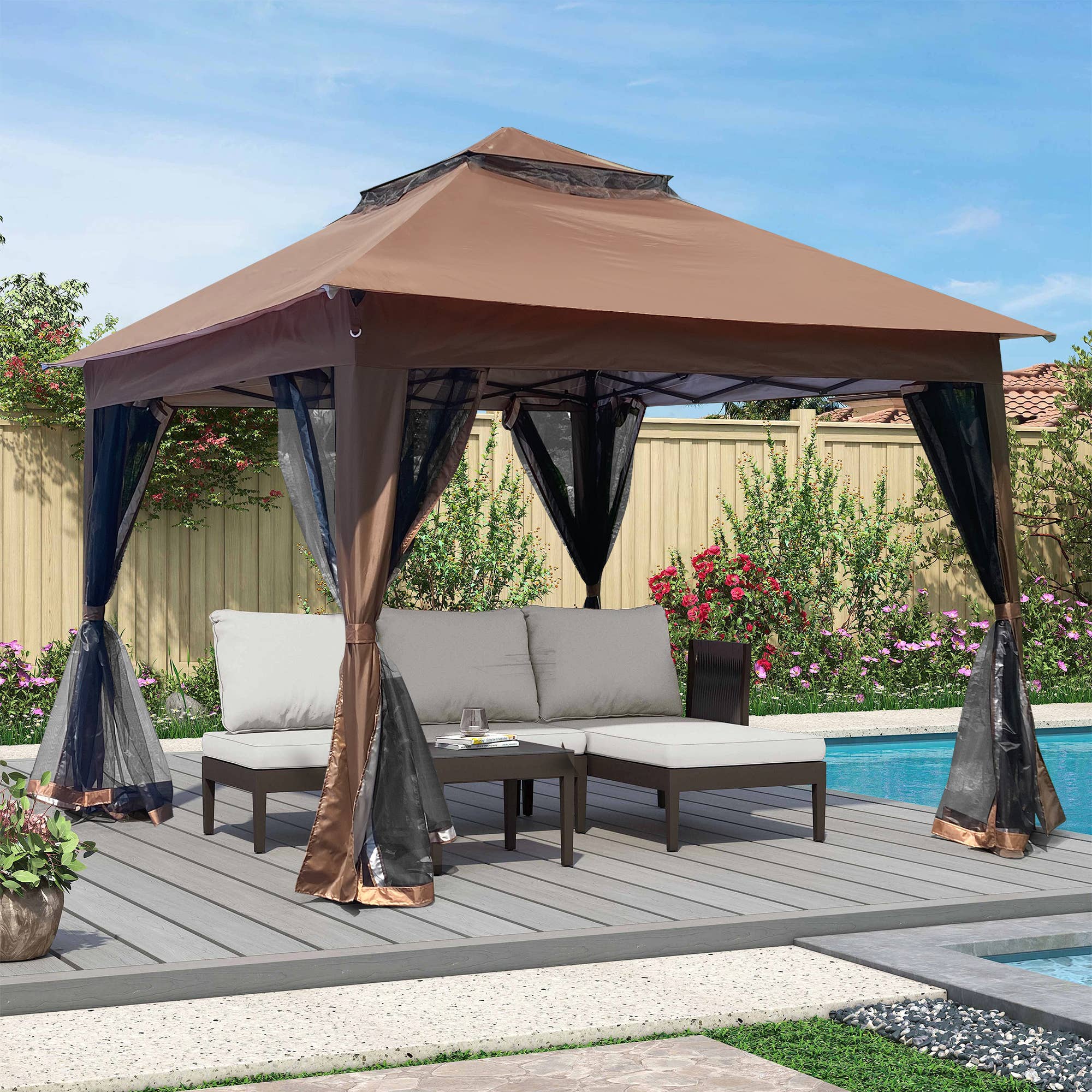 Brown Outdoor 11x11Ft Pop Up Gazebo Canopy w/Removable Netting for wholesale on Faire0