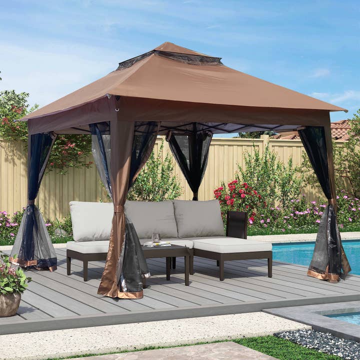 Brown Outdoor 11x11Ft Pop Up Gazebo Canopy w/Removable Netting for wholesale on Faire
