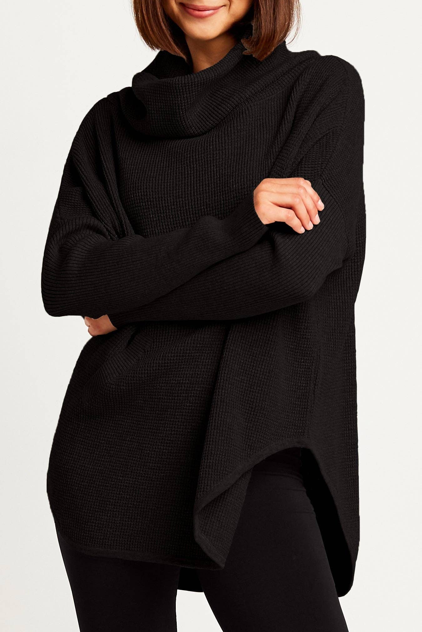 Pima Cotton Waffle Cowl Sweater - Black for wholesale by Future Brands Group