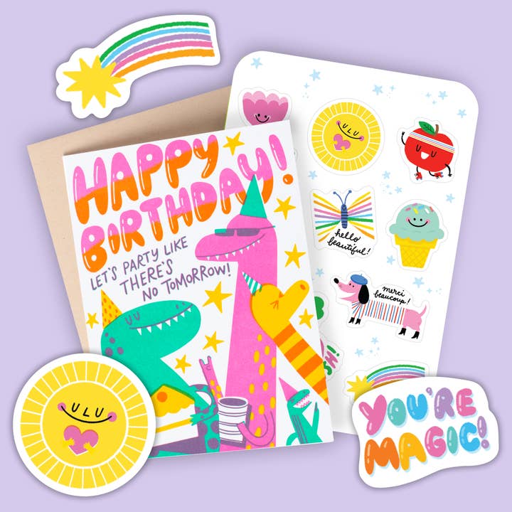 Card & Sticker Sheet Set - Dino Party for wholesale by Egg Press Manufacturing